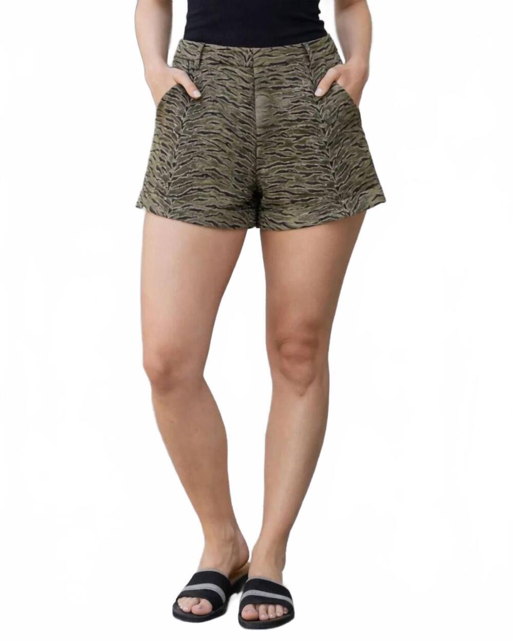 NEW MICHELLE caddi tiger-stripe camou shorts in sage/ black